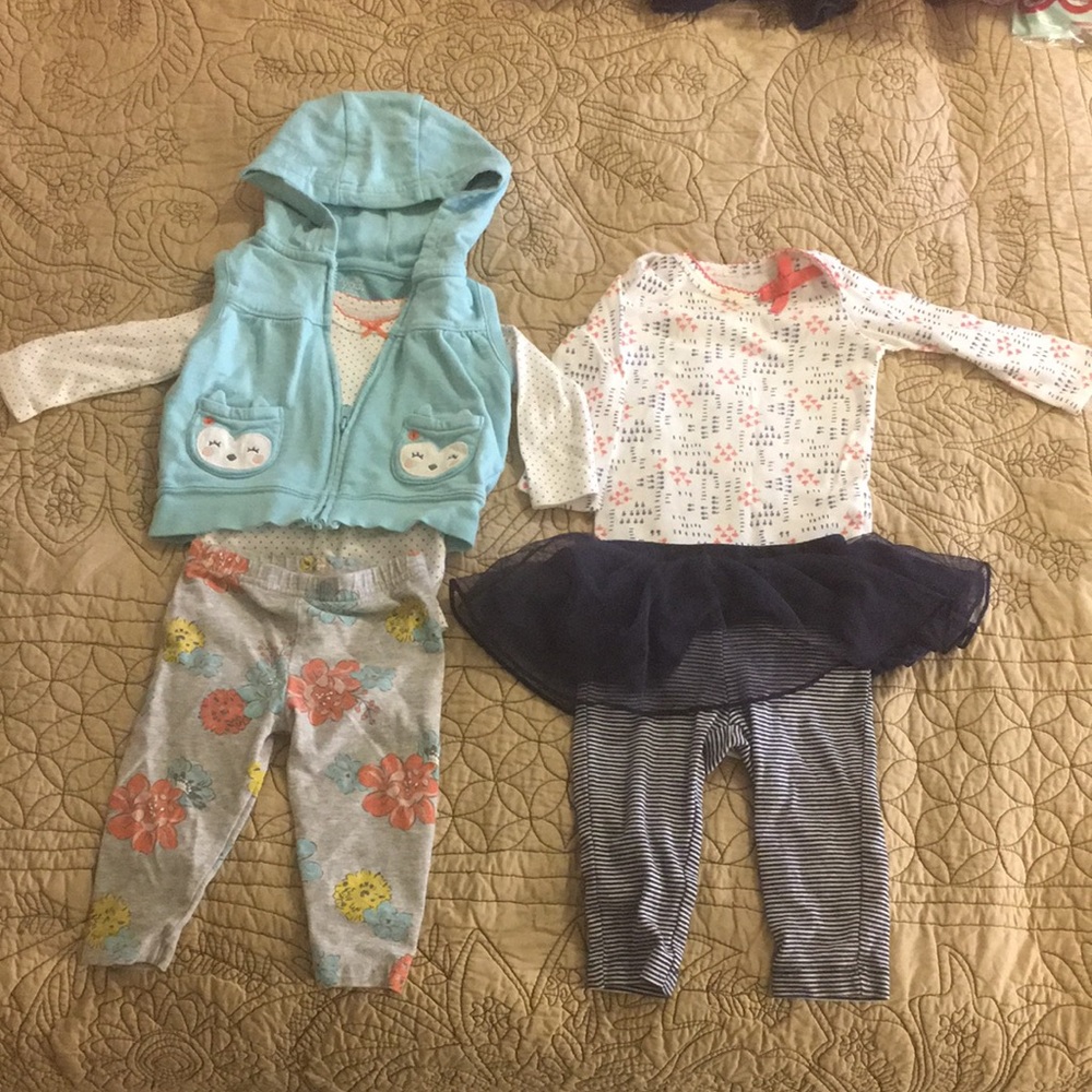 Carter’s owl vest/floral pants & tutu/bow set 6M